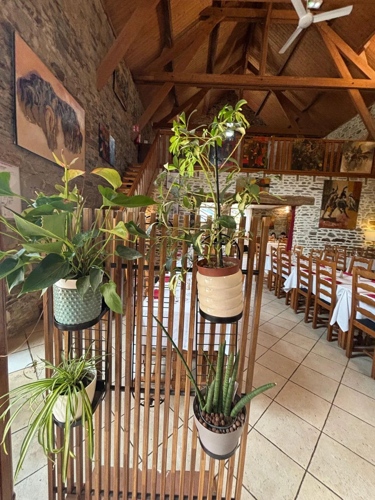 The dining room of La Ferme Saint-Michel with a wooden plant divider, beamed ceiling and tables beyond