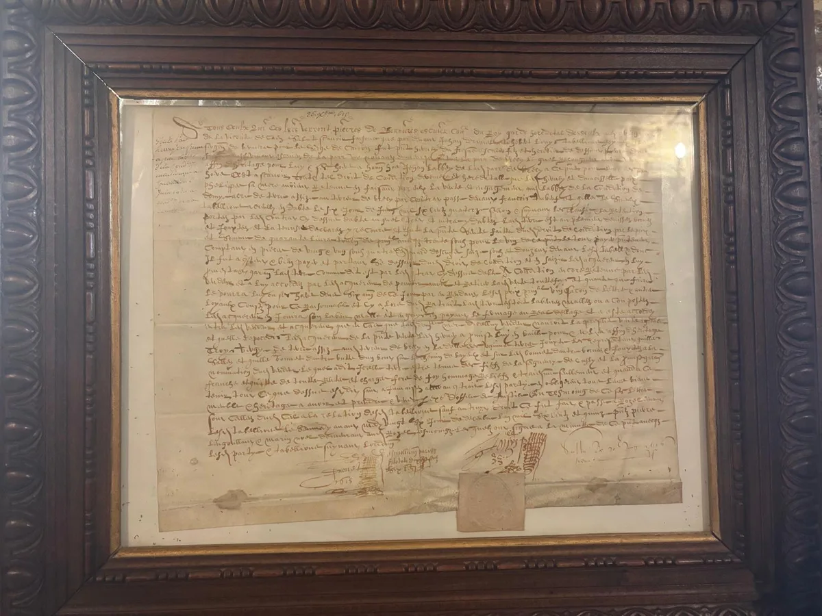 A medieval charter on parchment with wax seal, framed on the wall